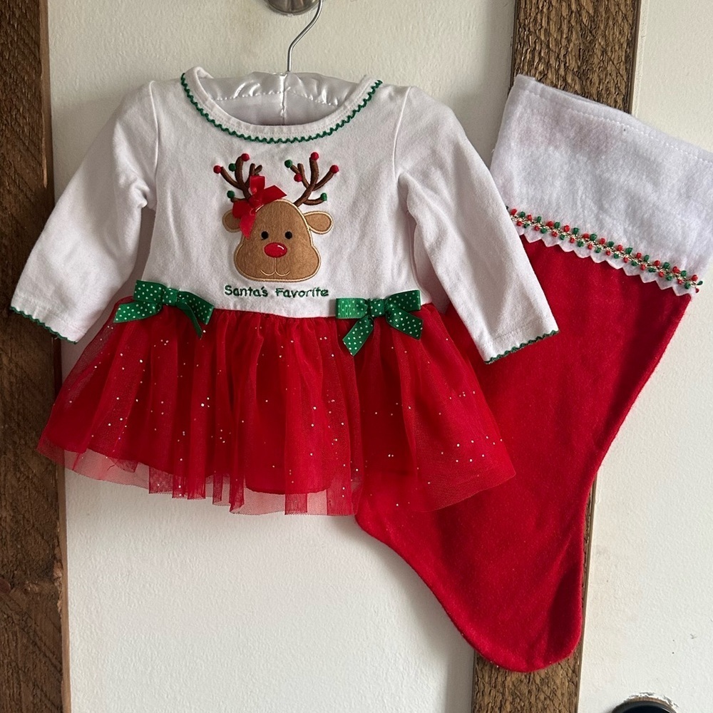 Bonnie Jean Reindeer ‘Santa’s Favorite’ Chiffon Tutu Tunic & Christmas Stocking
